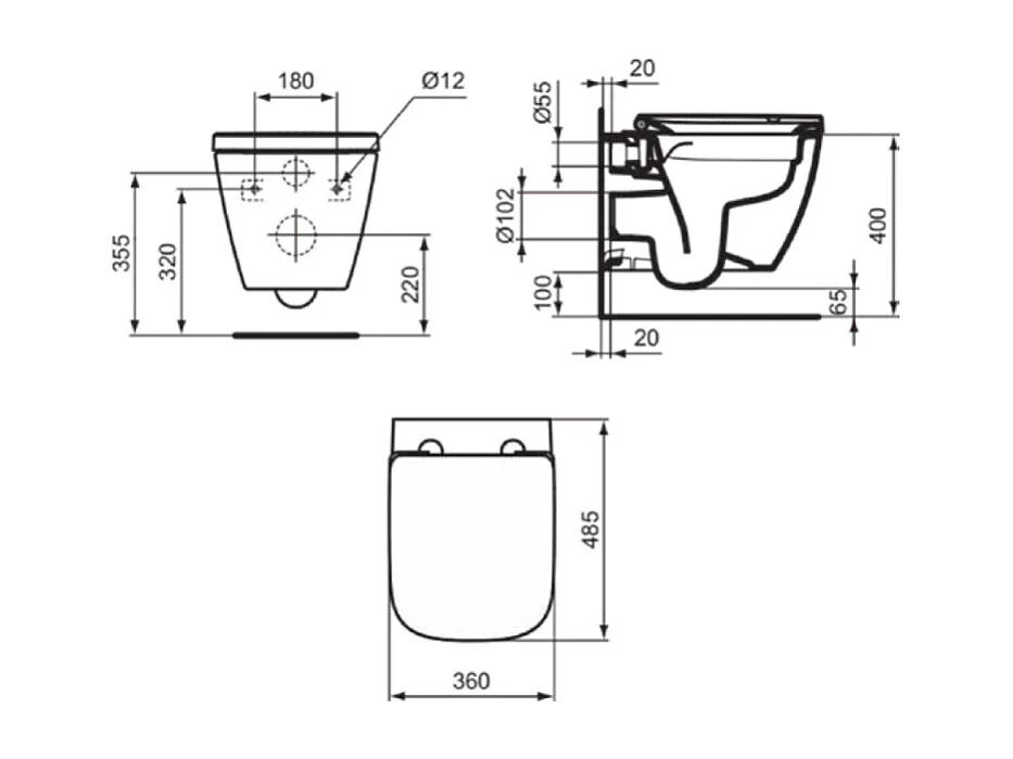 WC suspendu compact sans bride IDEAL STANDARD I.Life S RimLS+ avec abattant frein de chute