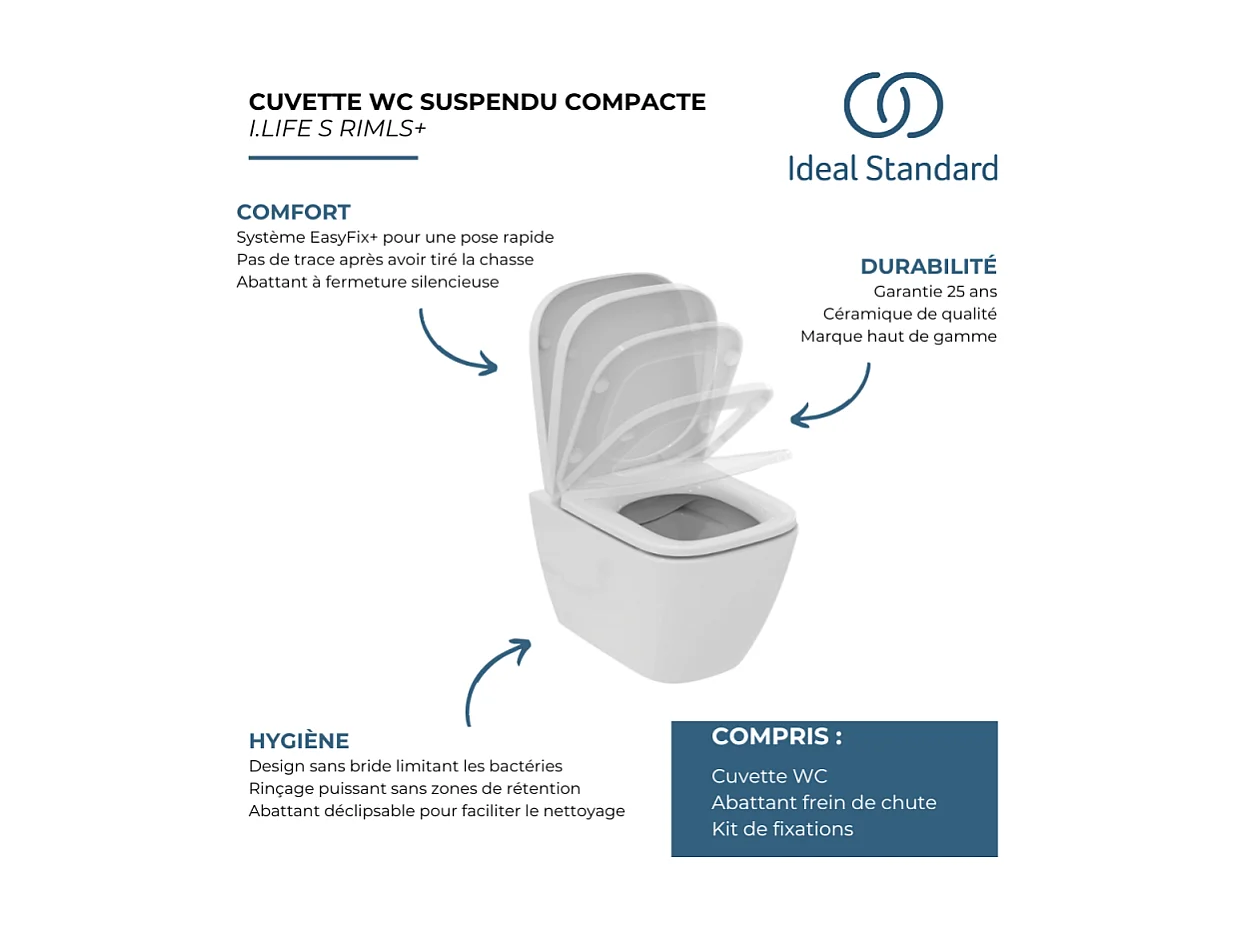 WC suspendu compact sans bride IDEAL STANDARD I.Life S RimLS+ avec abattant frein de chute
