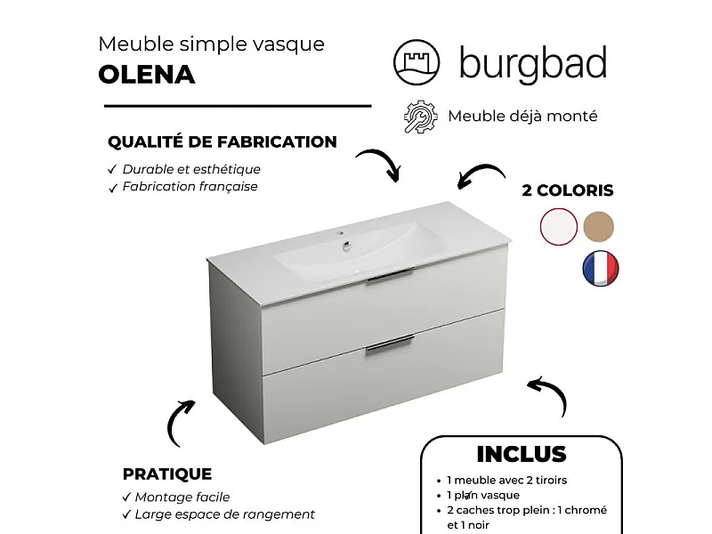 Meuble vasque 120 cm BURGBAD Olena blanc brillant + miroir + colonne