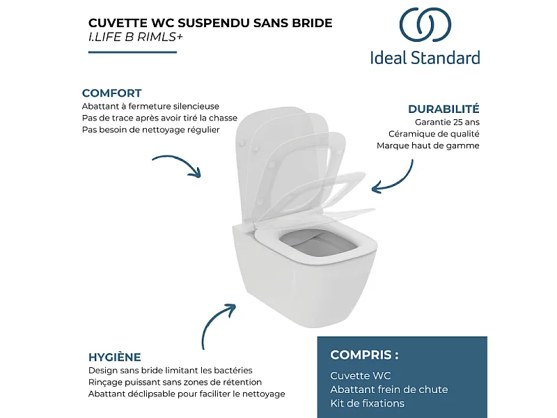 WC suspendu sans bride IDEAL STANDARD I.Life B RimLS+ avec abattant frein de chute