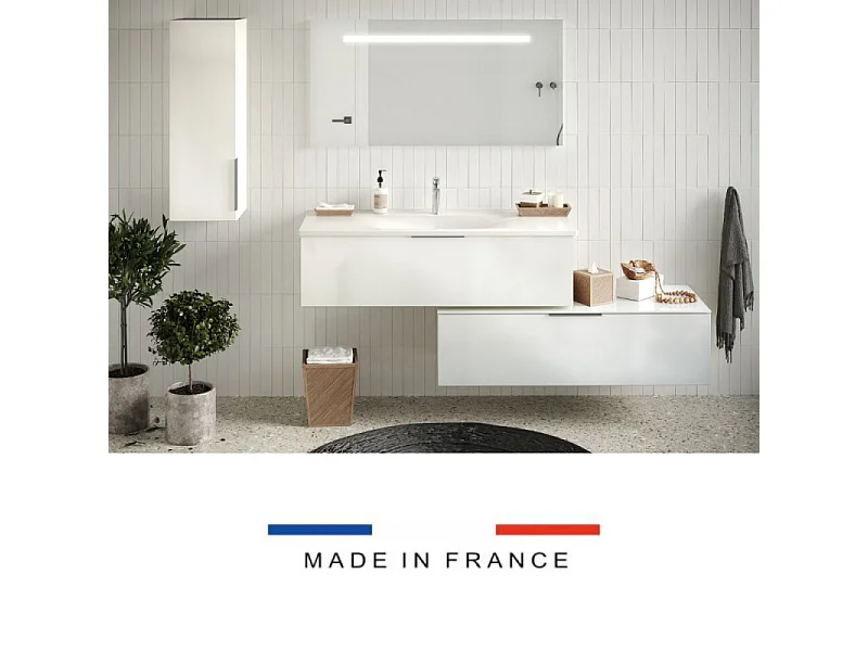 Meuble vasque 120 cm BURGBAD Olena en décaler blanc brillant + miroir