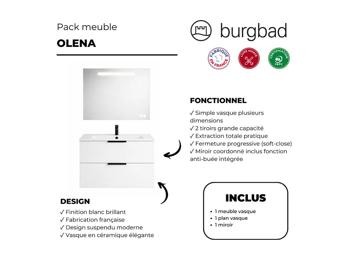 Meuble vasque 120 cm BURGBAD Olena blanc brillant + miroir