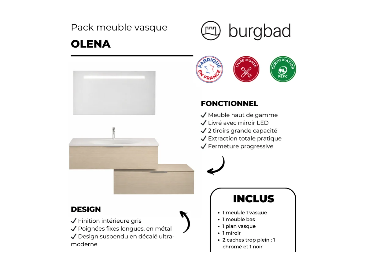 Meuble vasque 120 cm BURGBAD Olena en décaler chêne clair + miroir