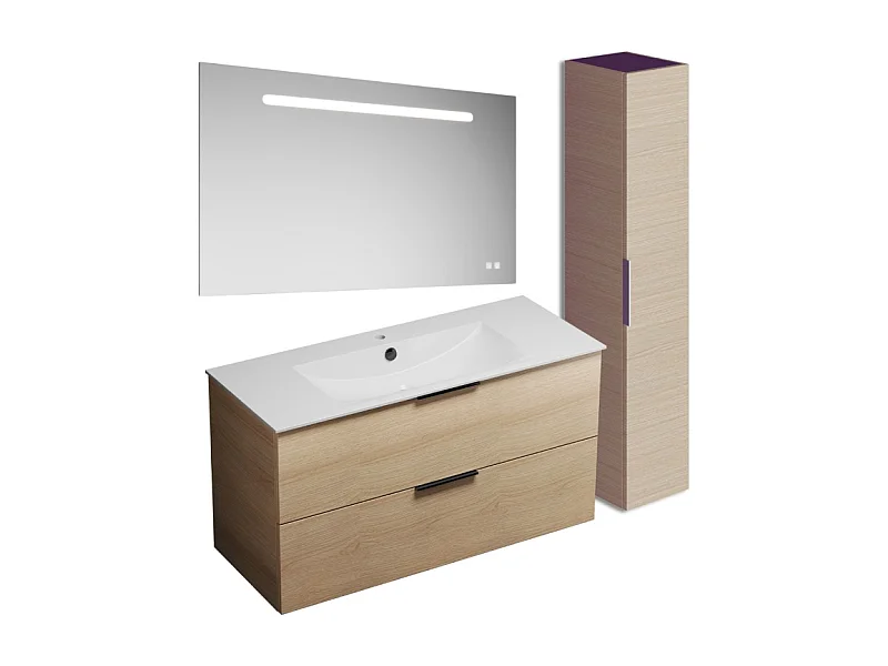 Meuble vasque 120 cm BURGBAD Olena chêne clair + miroir + colonne de salle de bain