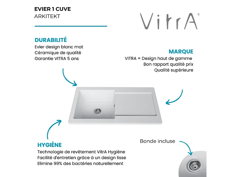 Evier 1 cuve avec égouttoir et vidage manuel VITRA Arkitekt blanc