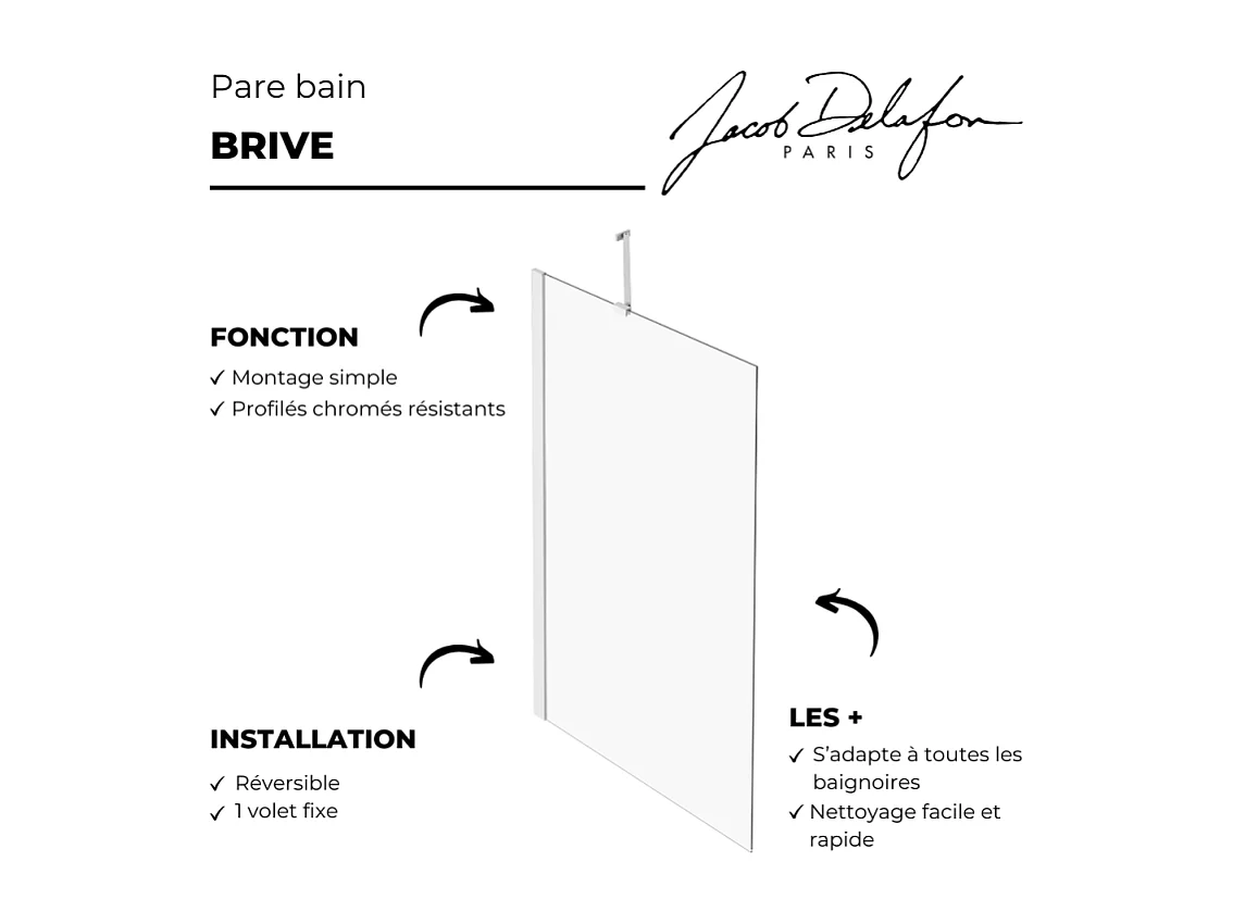 Pare bain fixe réversible JACOB DELAFON Brive avec barre de renfort