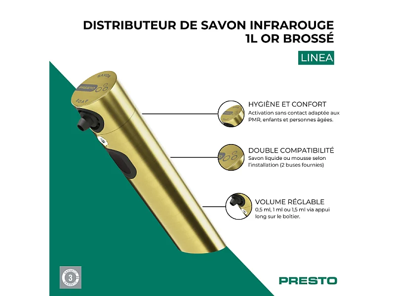 Distributeur de savon infrarouge 1L PRESTO Linea or brossé