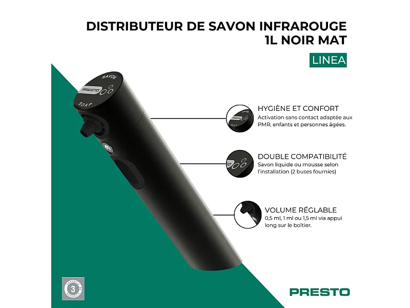 Distributeur de savon infrarouge 1L PRESTO Linea noir mat