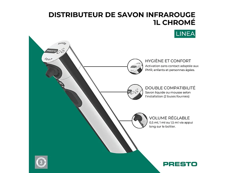 Distributeur de savon infrarouge 1L PRESTO Linea chrome
