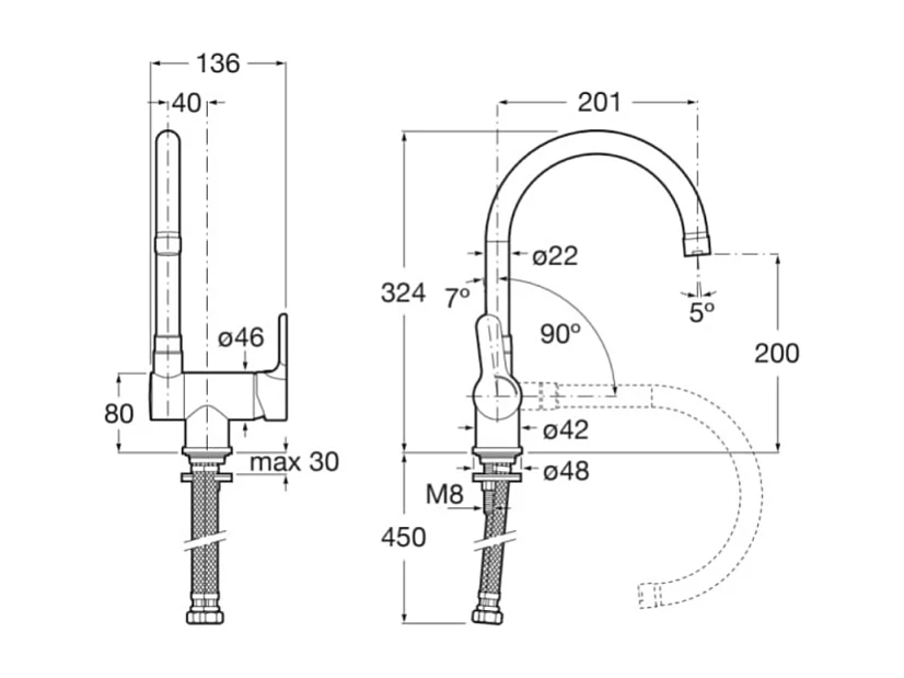 Robinet cuisine bec haut rabattable ROCA L20 chromé