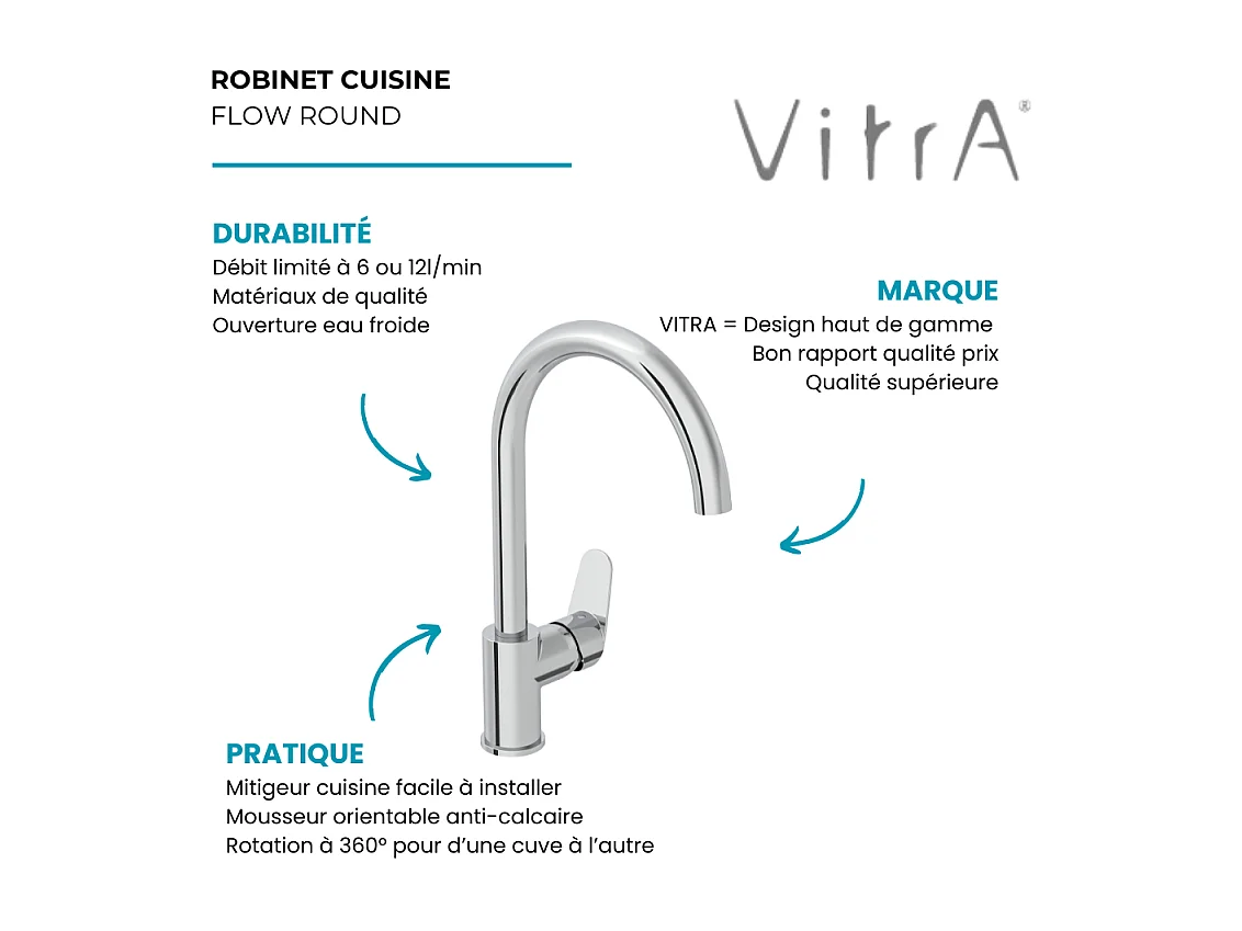Robinet de cuisine bec haut VITRA Flow Round Chromé