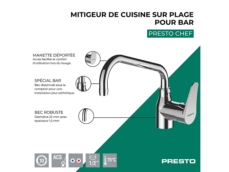Mitigeur de cuisine pro sur plage pour bar PRESTO Chef Chrome
