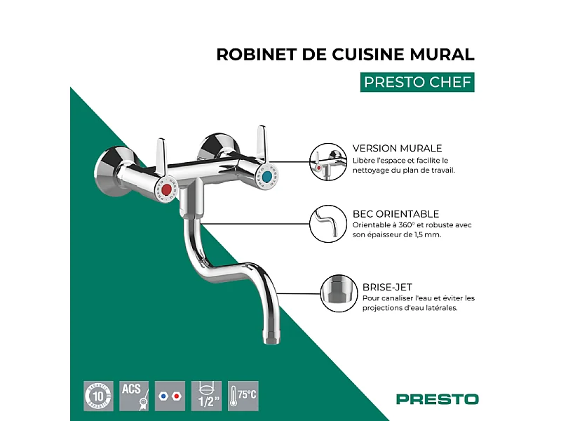 Robinet de cuisine mural PRESTO Chef Chrome