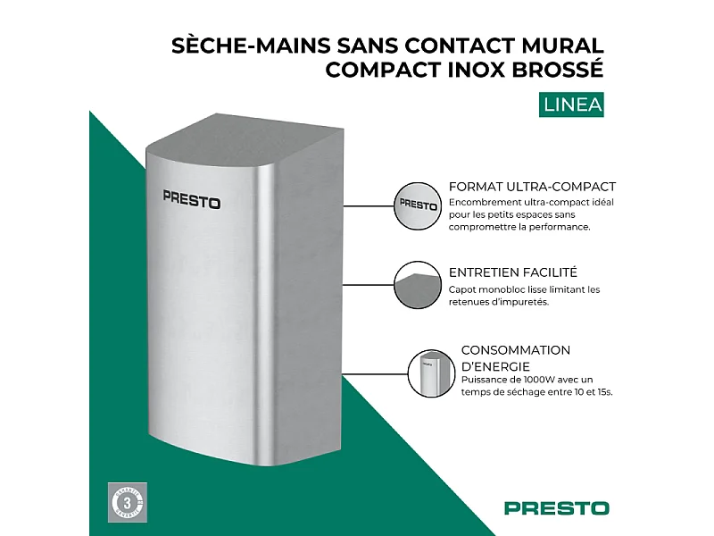 Sèche-mains sans contact mural compact PRESTO Linea inox brossé