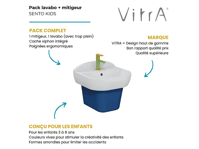 Lavabo pour enfant VitrA Sento Kids 45 cm + Mitigeur lavabo jaune et vert