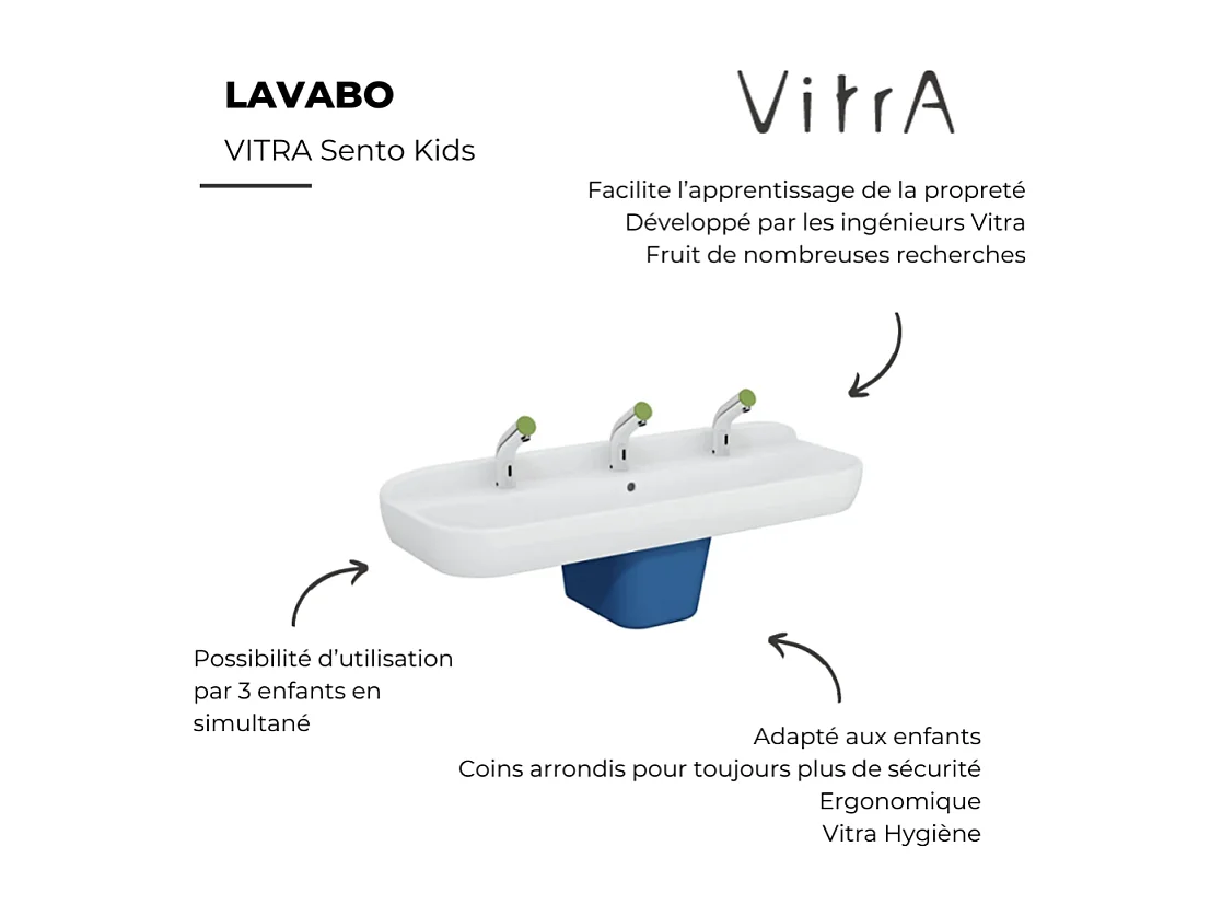 Lavabo pour enfant VITRA Sento Kids 125 cm + cache siphon bleu + siphon et bonde WIRQUIN