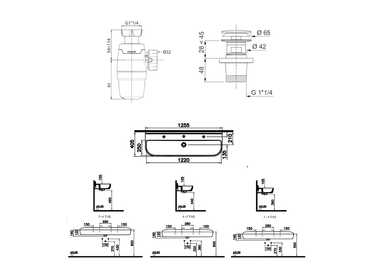 Lavabo pour enfant VITRA Sento Kids 125 cm + cache siphon bleu + siphon et bonde WIRQUIN