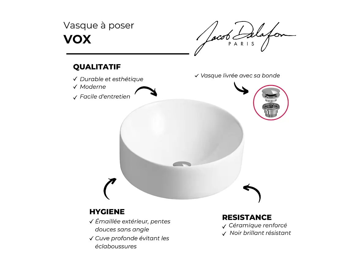 Vasque à poser JACOB DELAFON Vox avec bonde chromée