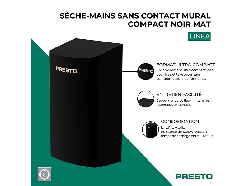 Sèche-mains sans contact mural compact PRESTO Linea noir mat