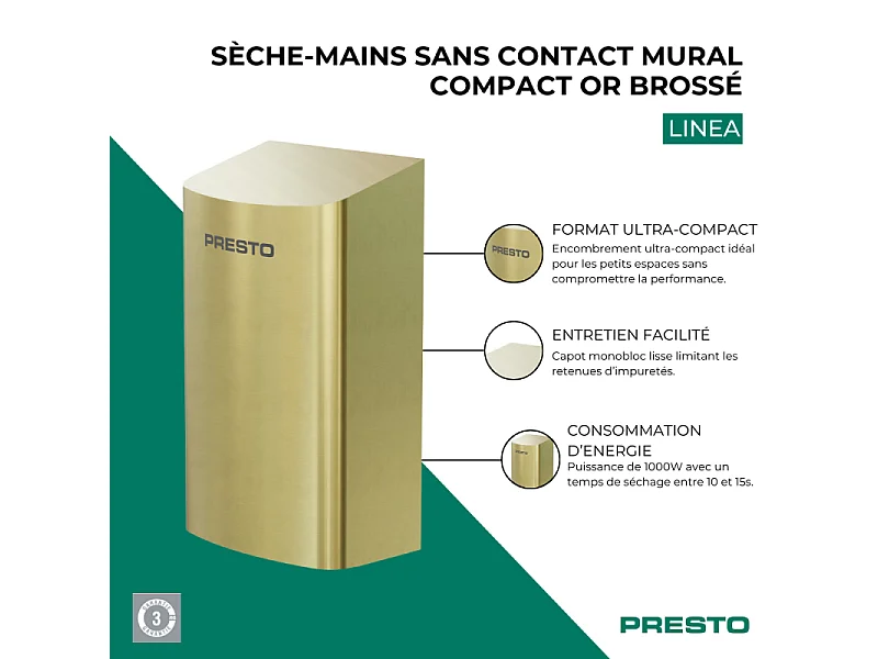 Sèche-mains sans contact mural compact PRESTO Linea or brossé