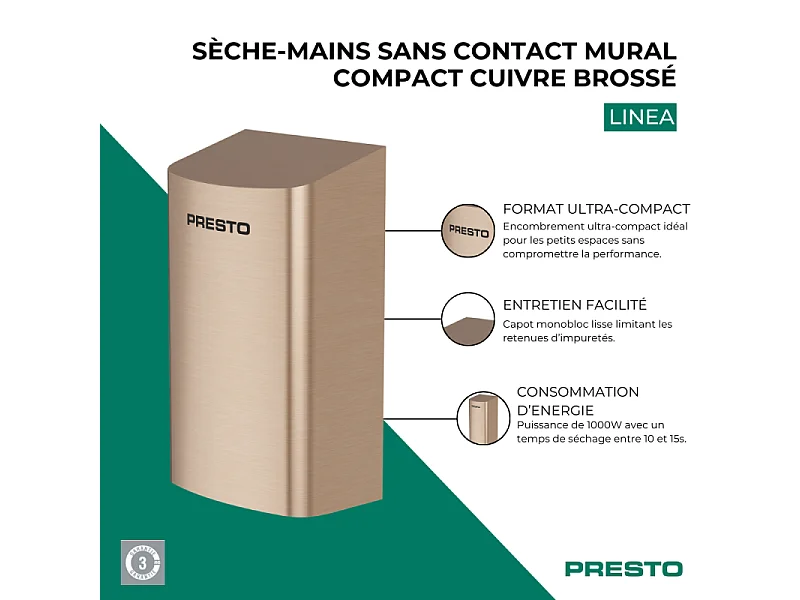 Sèche-mains sans contact mural compact PRESTO Linea cuivre brossé