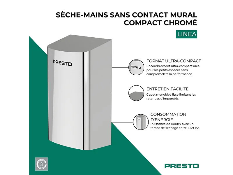 Sèche-mains sans contact mural compact PRESTO Linea chromé
