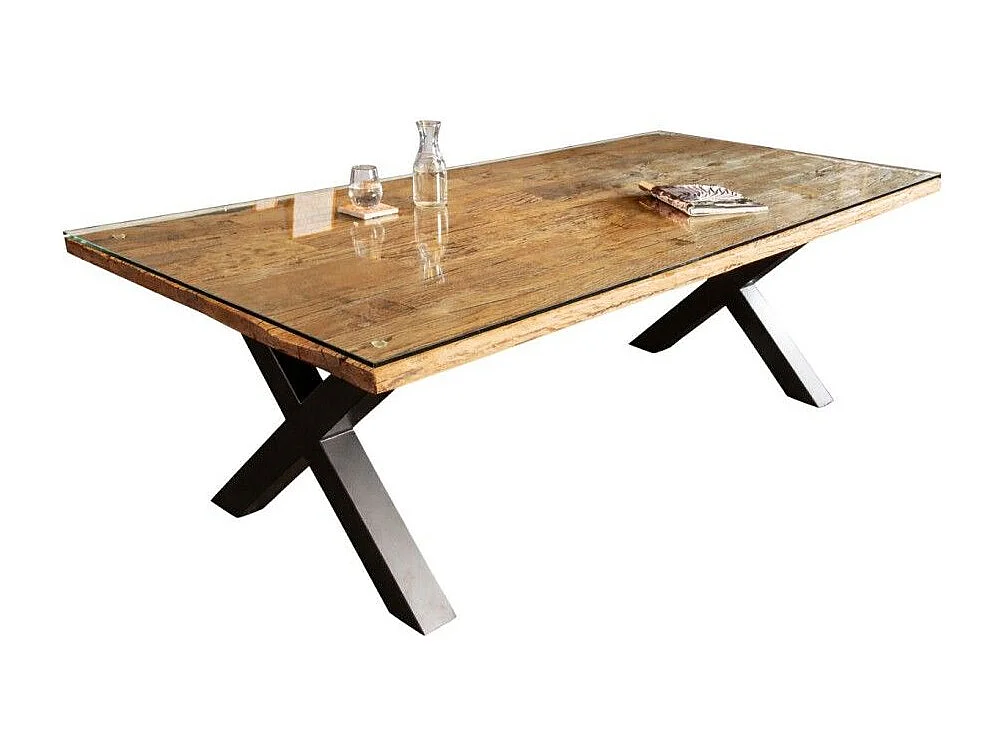 Eettafel RAFTA 220 cm – Blad van massief teakhout en gehard glas – X-vormige poten in zwart metaal