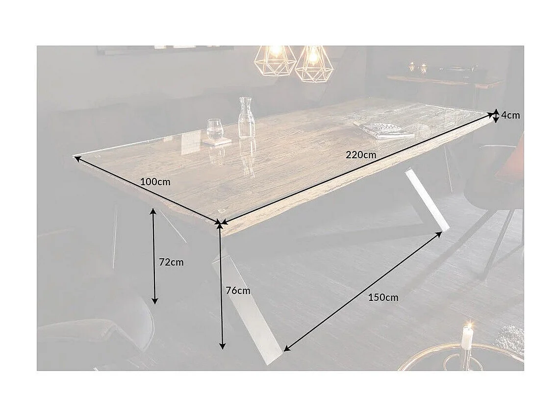 Eettafel RAFTA 220 cm – Blad van massief teakhout en gehard glas – X-vormige poten in zwart metaal