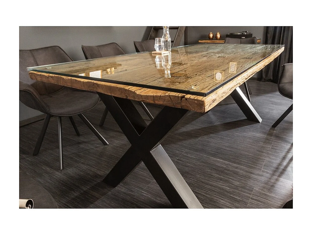 Eettafel RAFTA 220 cm – Blad van massief teakhout en gehard glas – X-vormige poten in zwart metaal