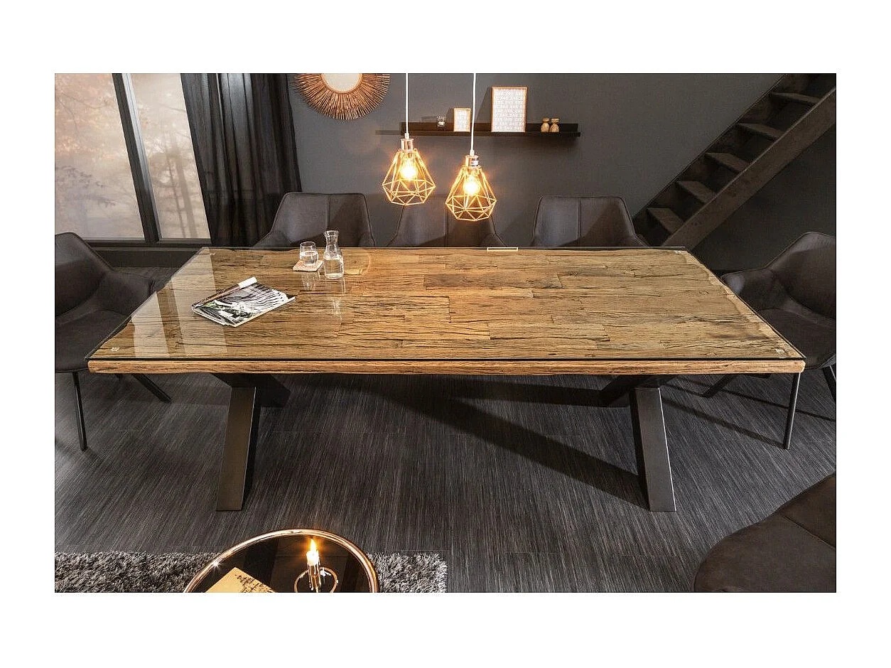 Eettafel RAFTA 220 cm – Blad van massief teakhout en gehard glas – X-vormige poten in zwart metaal