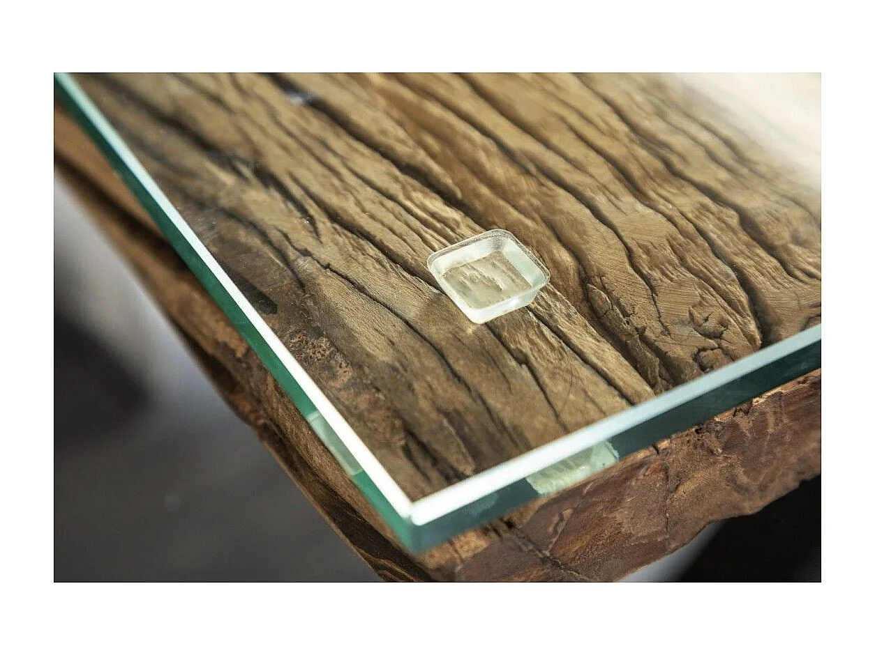 Eettafel RAFTA 220 cm – Blad van massief teakhout en gehard glas – X-vormige poten in zwart metaal