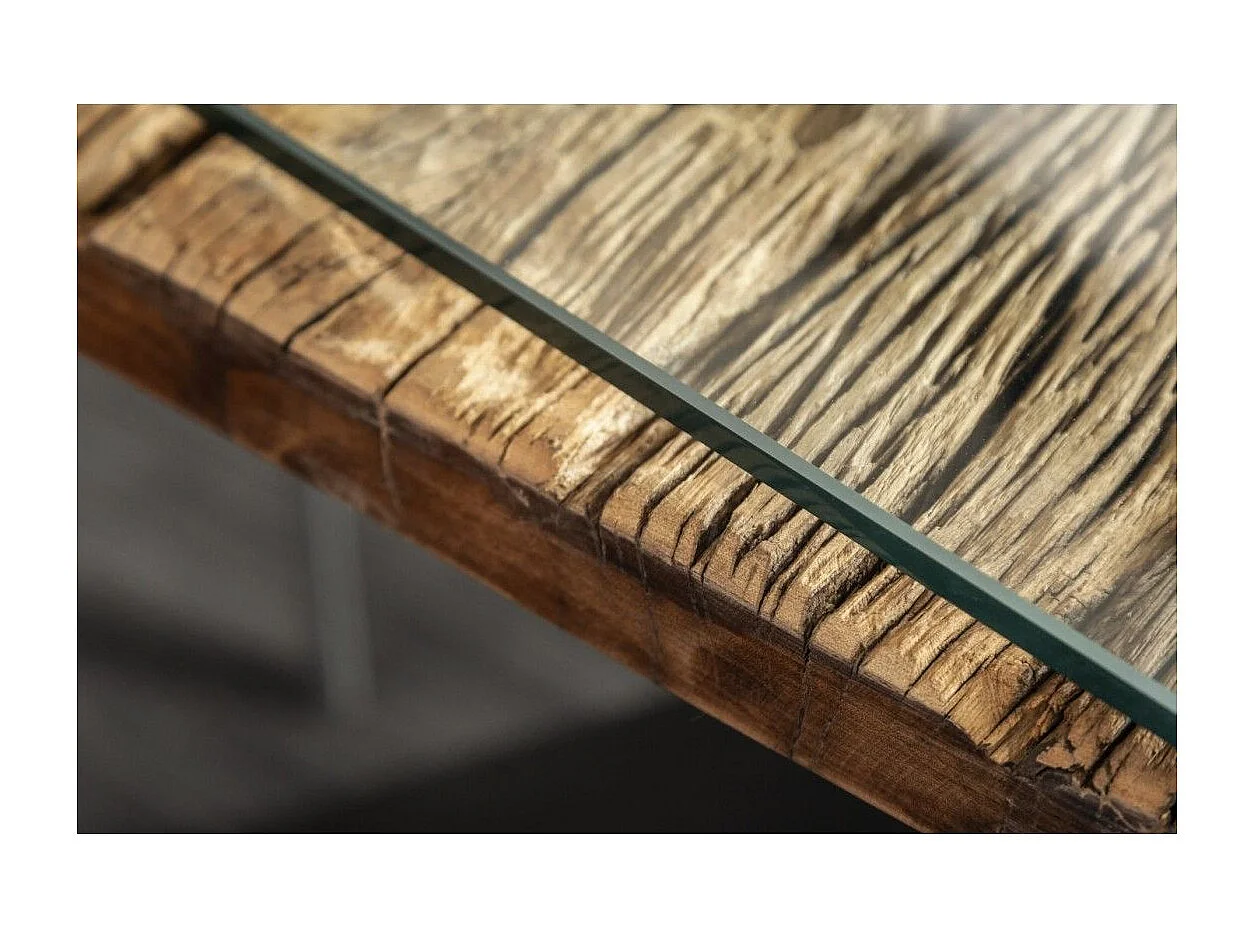 Eettafel RAFTA 220 cm – Blad van massief teakhout en gehard glas – X-vormige poten in zwart metaal