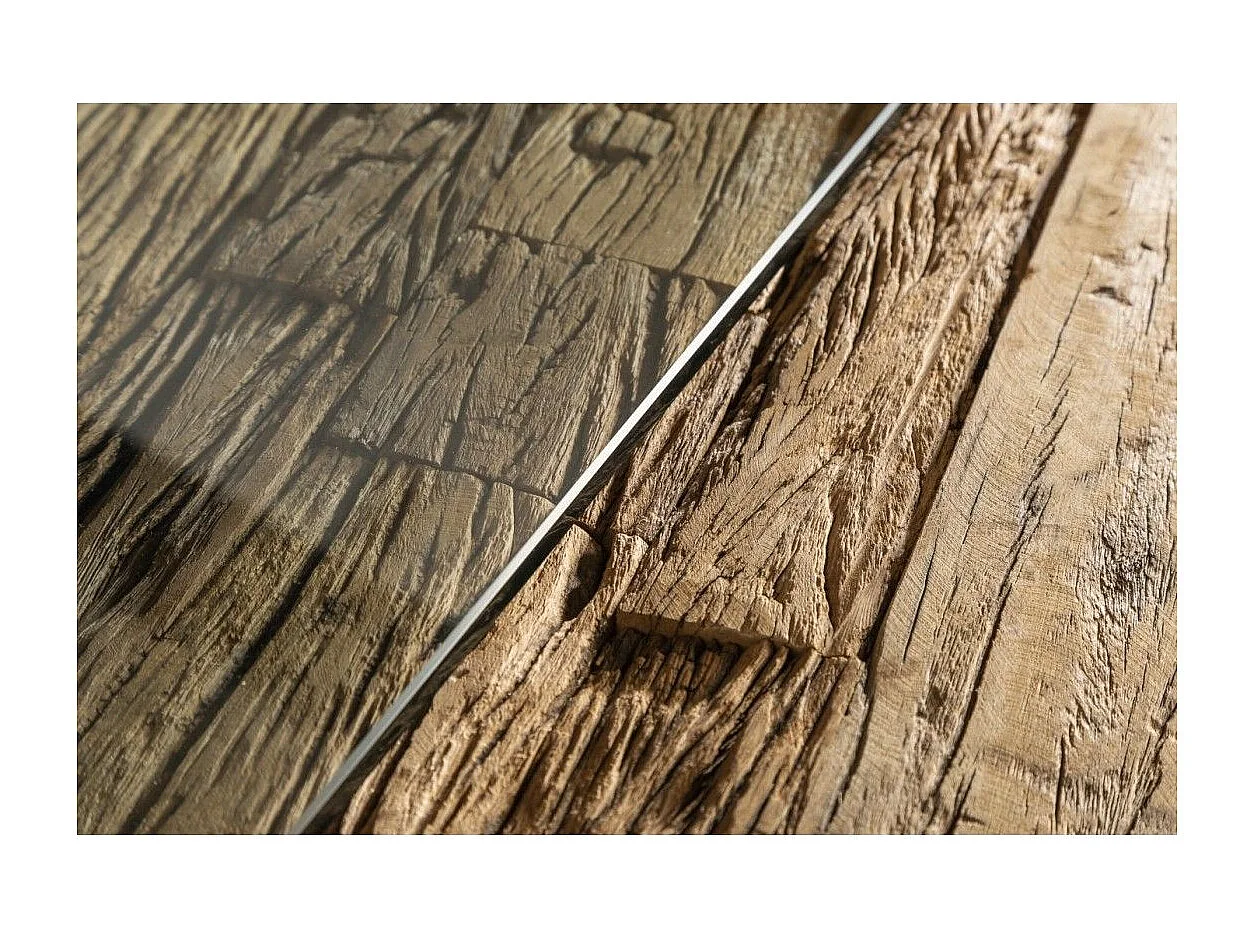 Eettafel RAFTA 220 cm – Blad van massief teakhout en gehard glas – X-vormige poten in zwart metaal