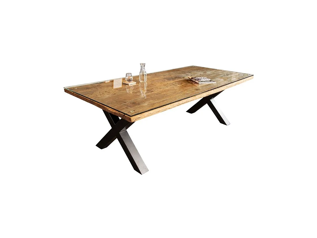 Eettafel RAFTA 220 cm – Blad van massief teakhout en gehard glas – X-vormige poten in zwart metaal