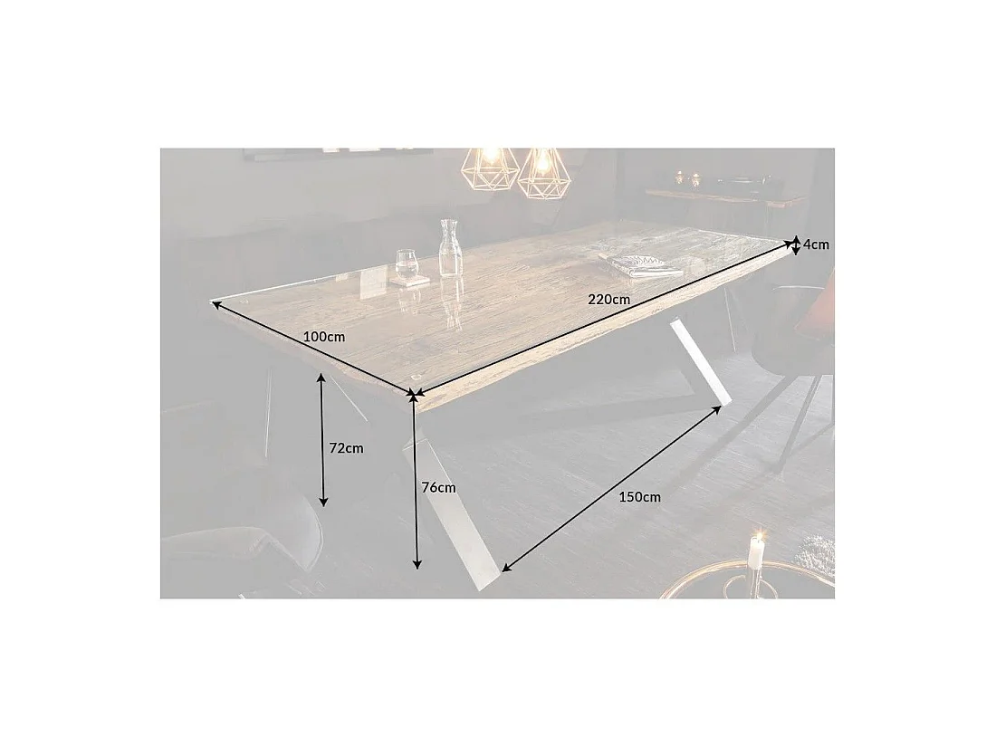Eettafel RAFTA 220 cm – Blad van massief teakhout en gehard glas – X-vormige poten in zwart metaal