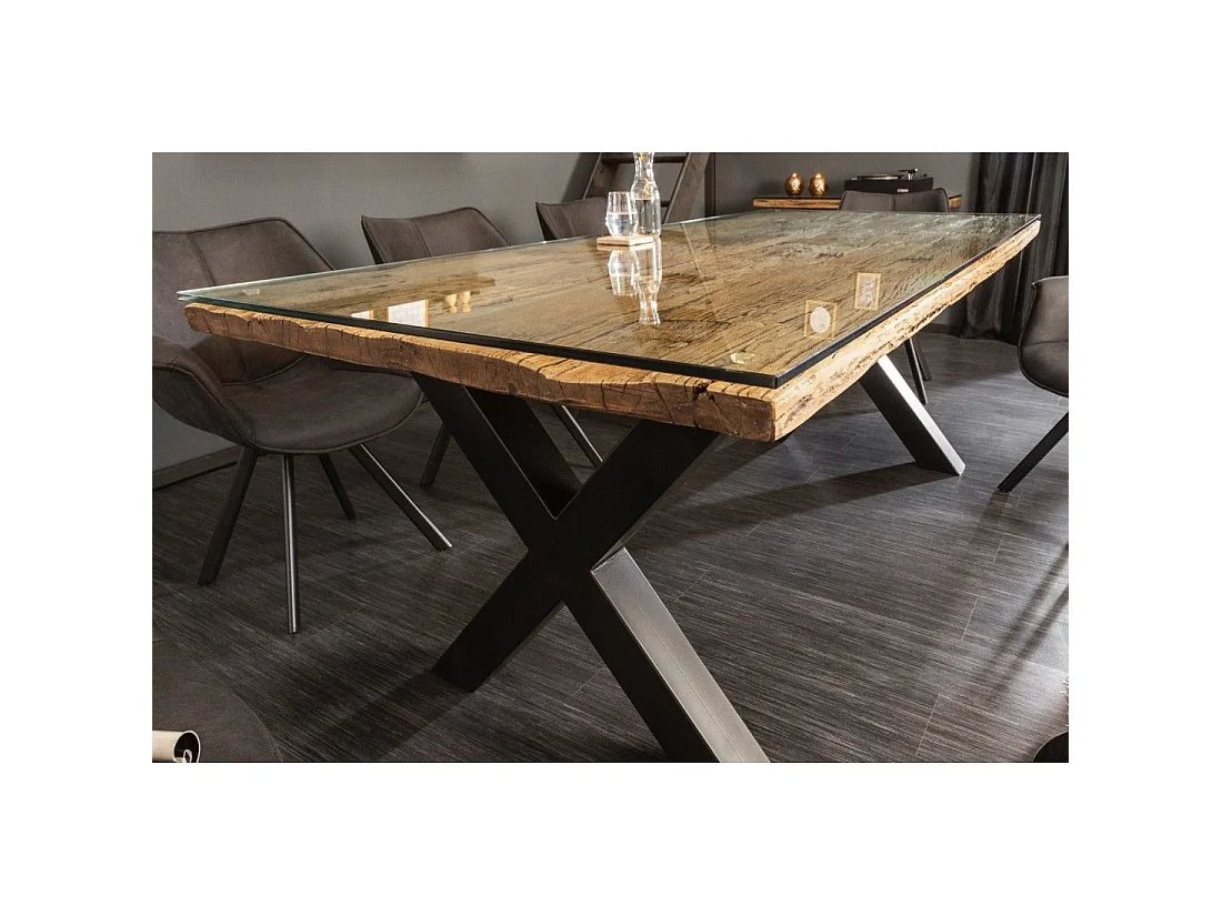 Eettafel RAFTA 220 cm – Blad van massief teakhout en gehard glas – X-vormige poten in zwart metaal