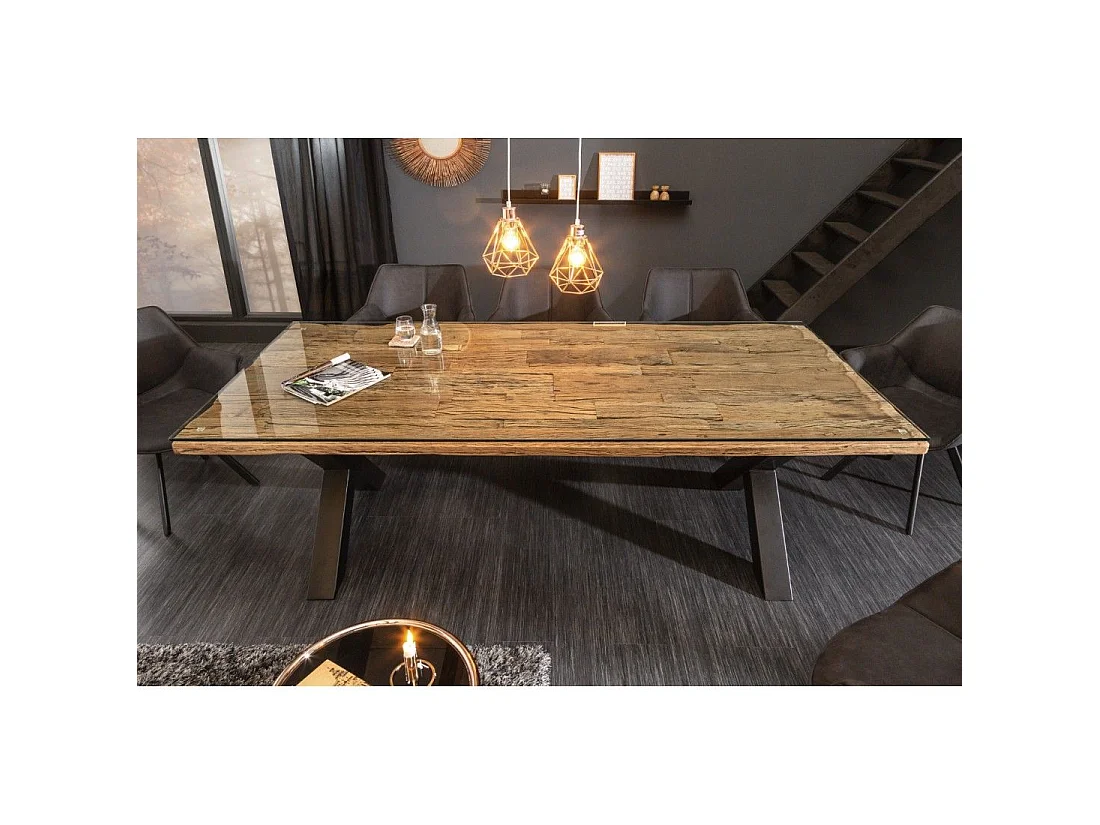 Eettafel RAFTA 220 cm – Blad van massief teakhout en gehard glas – X-vormige poten in zwart metaal