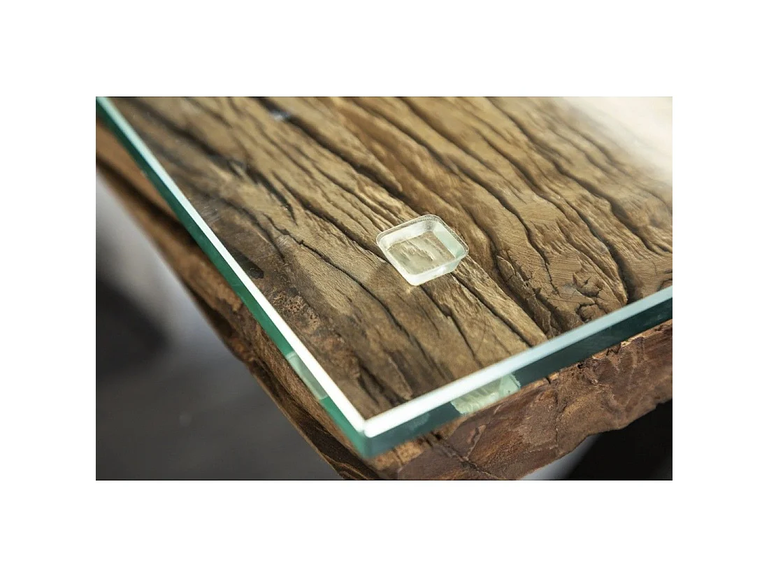 Eettafel RAFTA 220 cm – Blad van massief teakhout en gehard glas – X-vormige poten in zwart metaal