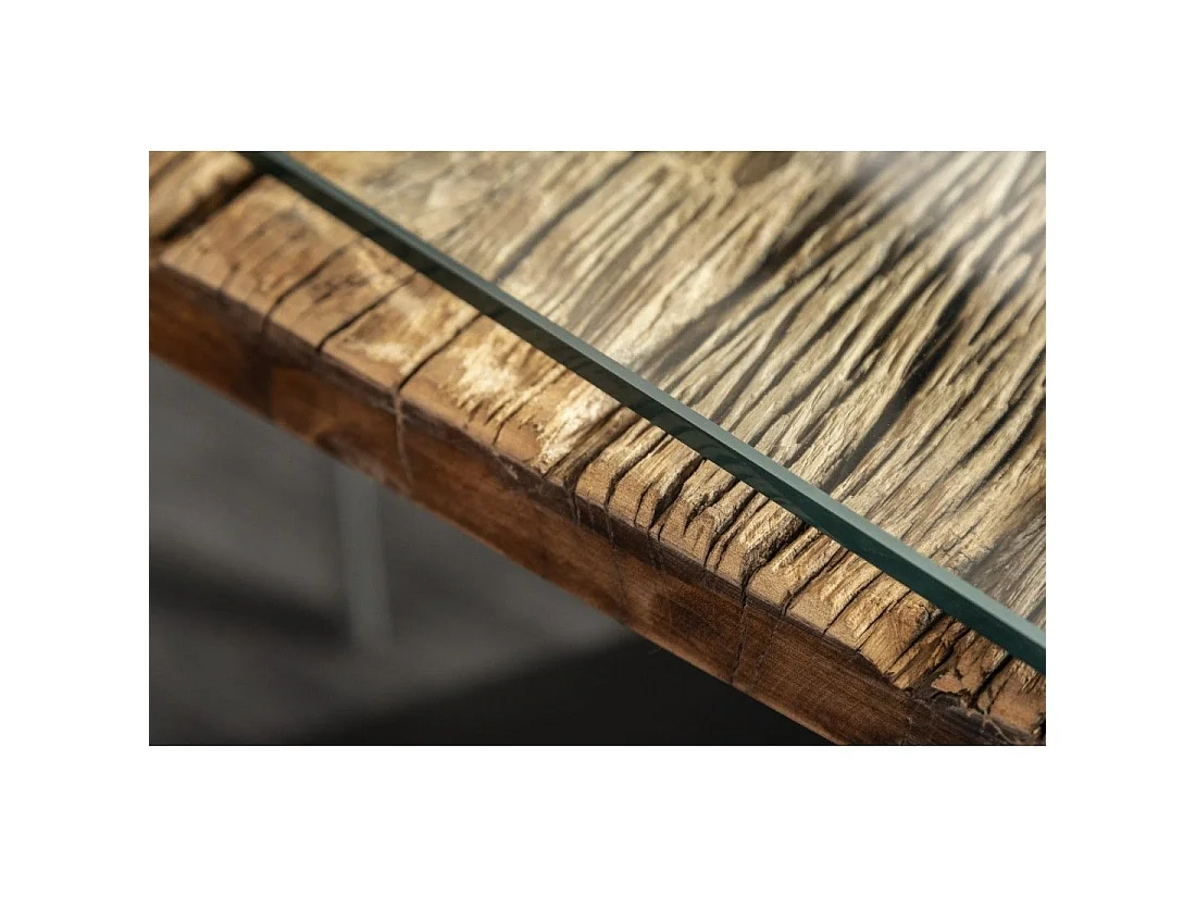 Eettafel RAFTA 220 cm – Blad van massief teakhout en gehard glas – X-vormige poten in zwart metaal