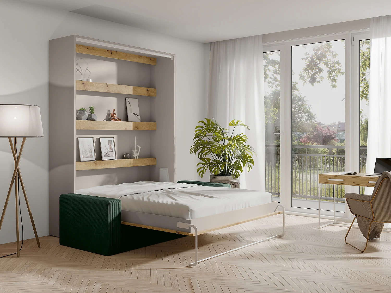 Lit escamotable 160 x 200 cm - Ouverture verticale manuelle - Avec LEDs - Beige et naturel + Canapé Vert - RAPILI