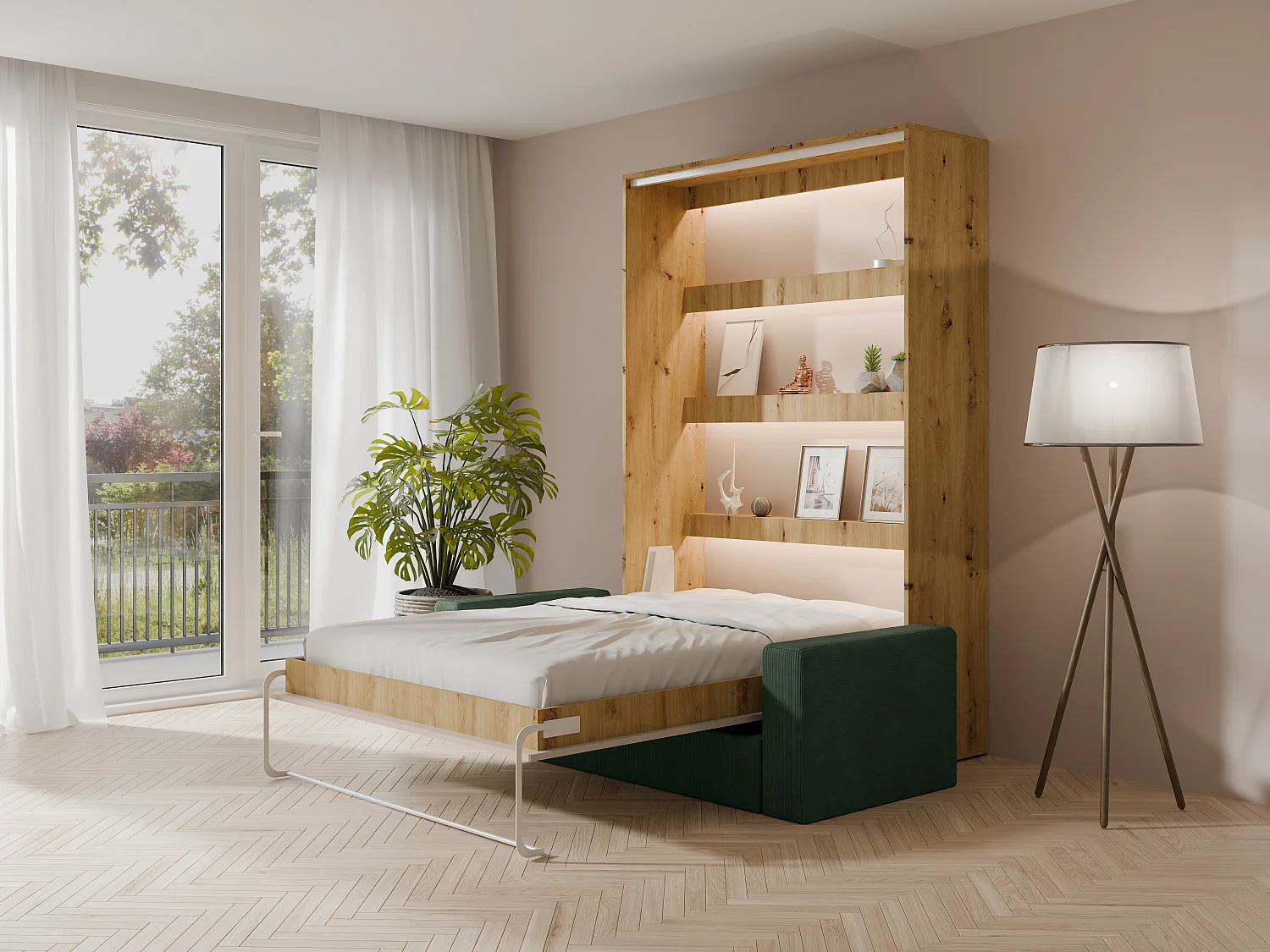 Lit escamotable 160 x 200 cm - Ouverture verticale manuelle - Avec LEDs - Beige et naturel + Canapé en velours côtelé vert - RAPILI