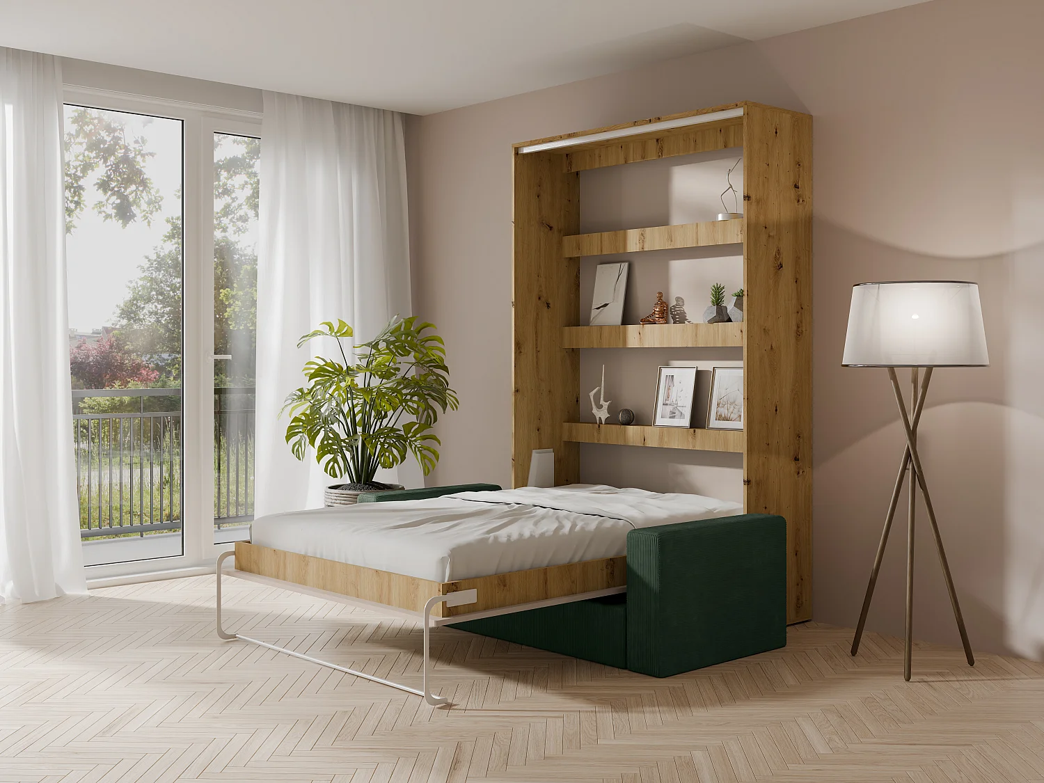 Lit escamotable 160 x 200 cm - Ouverture verticale manuelle - Avec LEDs - Beige et naturel + Canapé en velours côtelé vert - RAPILI