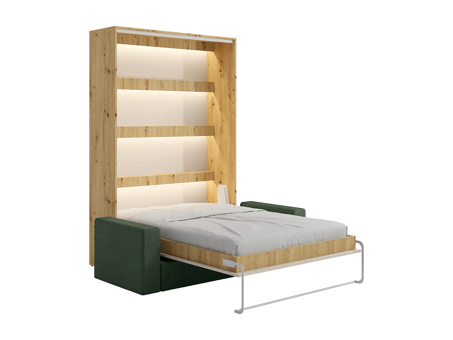 Lit escamotable 160 x 200 cm - Ouverture verticale manuelle - Avec LEDs - Beige et naturel + Canapé en velours côtelé vert - RAPILI