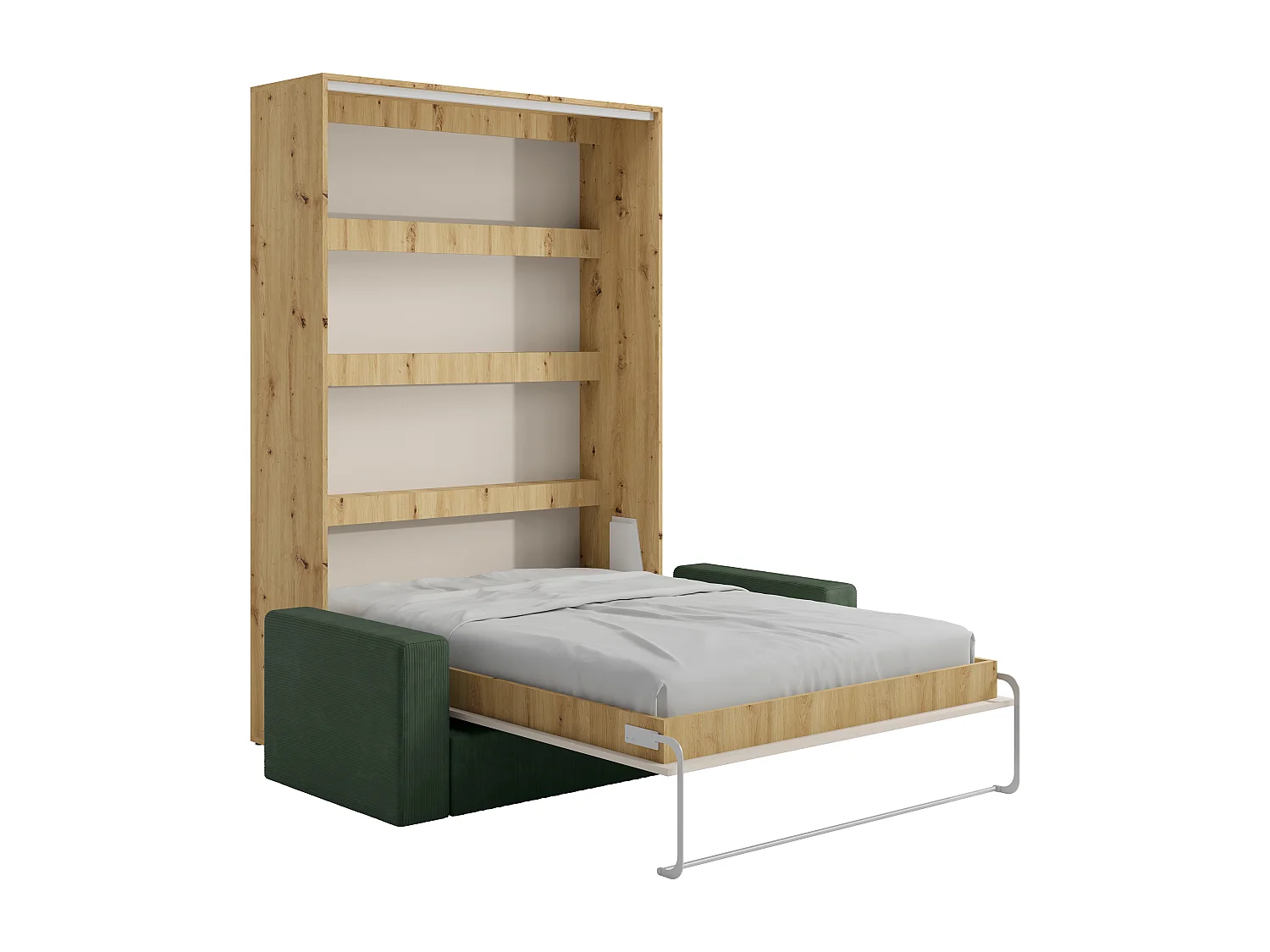 Lit escamotable 160 x 200 cm - Ouverture verticale manuelle - Avec LEDs - Beige et naturel + Canapé en velours côtelé vert - RAPILI