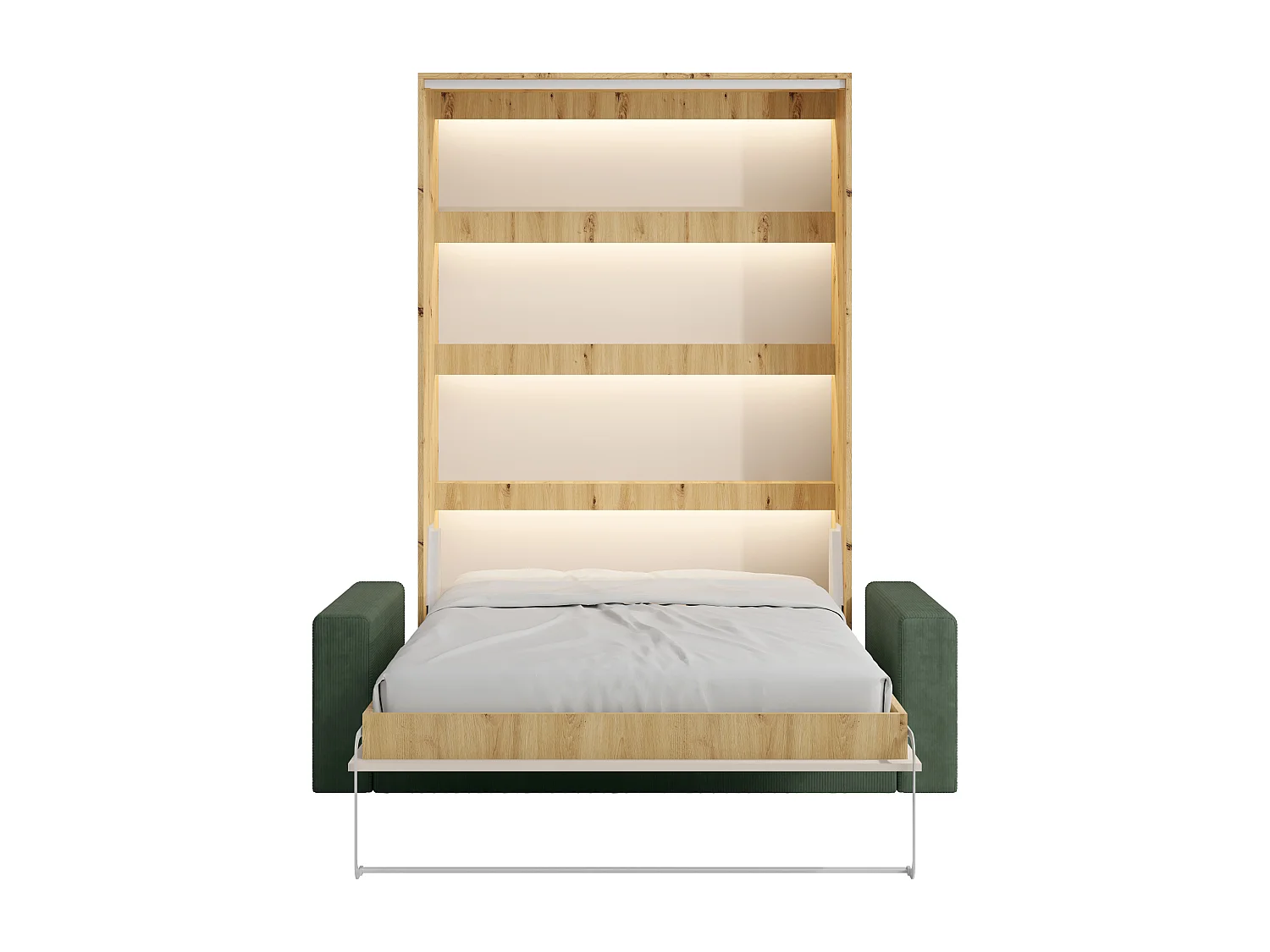 Lit escamotable 160 x 200 cm - Ouverture verticale manuelle - Avec LEDs - Beige et naturel + Canapé en velours côtelé vert - RAPILI
