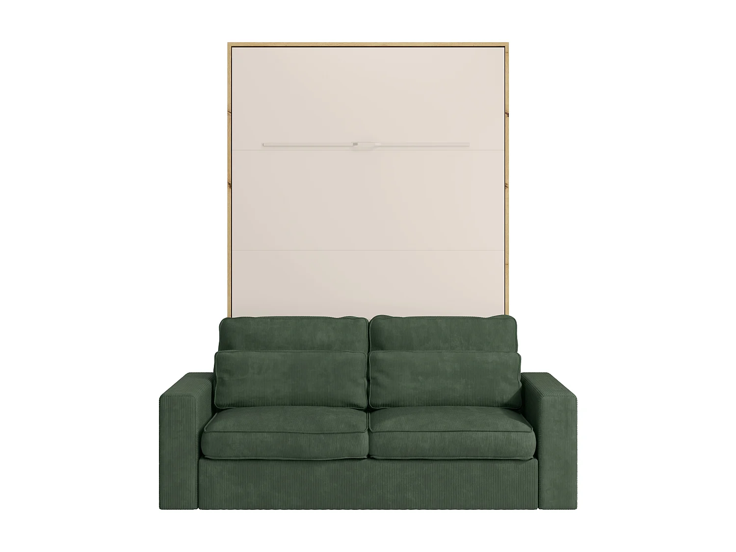 Lit escamotable 160 x 200 cm - Ouverture verticale manuelle - Avec LEDs - Beige et naturel + Canapé en velours côtelé vert - RAPILI