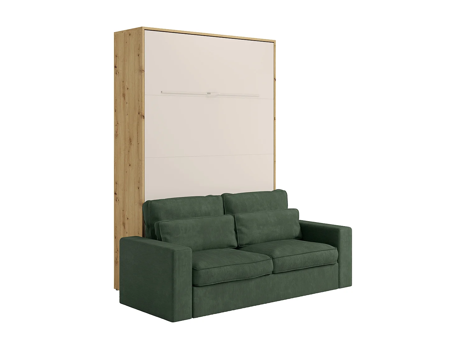 Lit escamotable 160 x 200 cm - Ouverture verticale manuelle - Avec LEDs - Beige et naturel + Canapé en velours côtelé vert - RAPILI