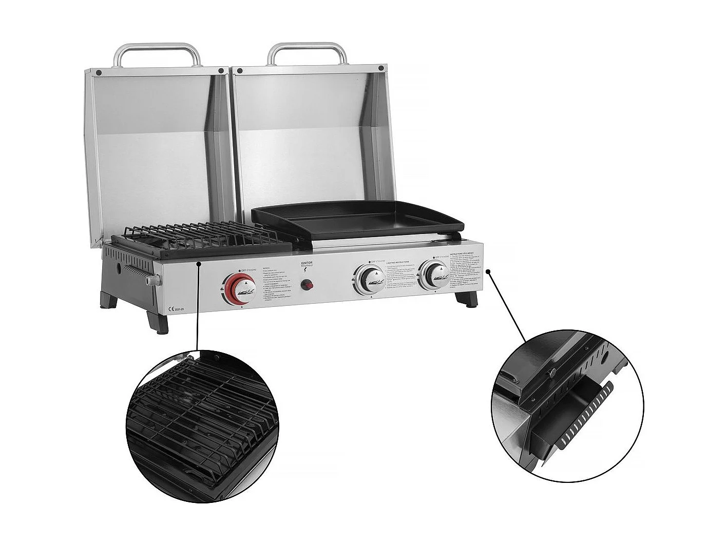 Plancha barbecue à gaz avec grille et plancha "Flamo" - 3 bruleurs - Gris