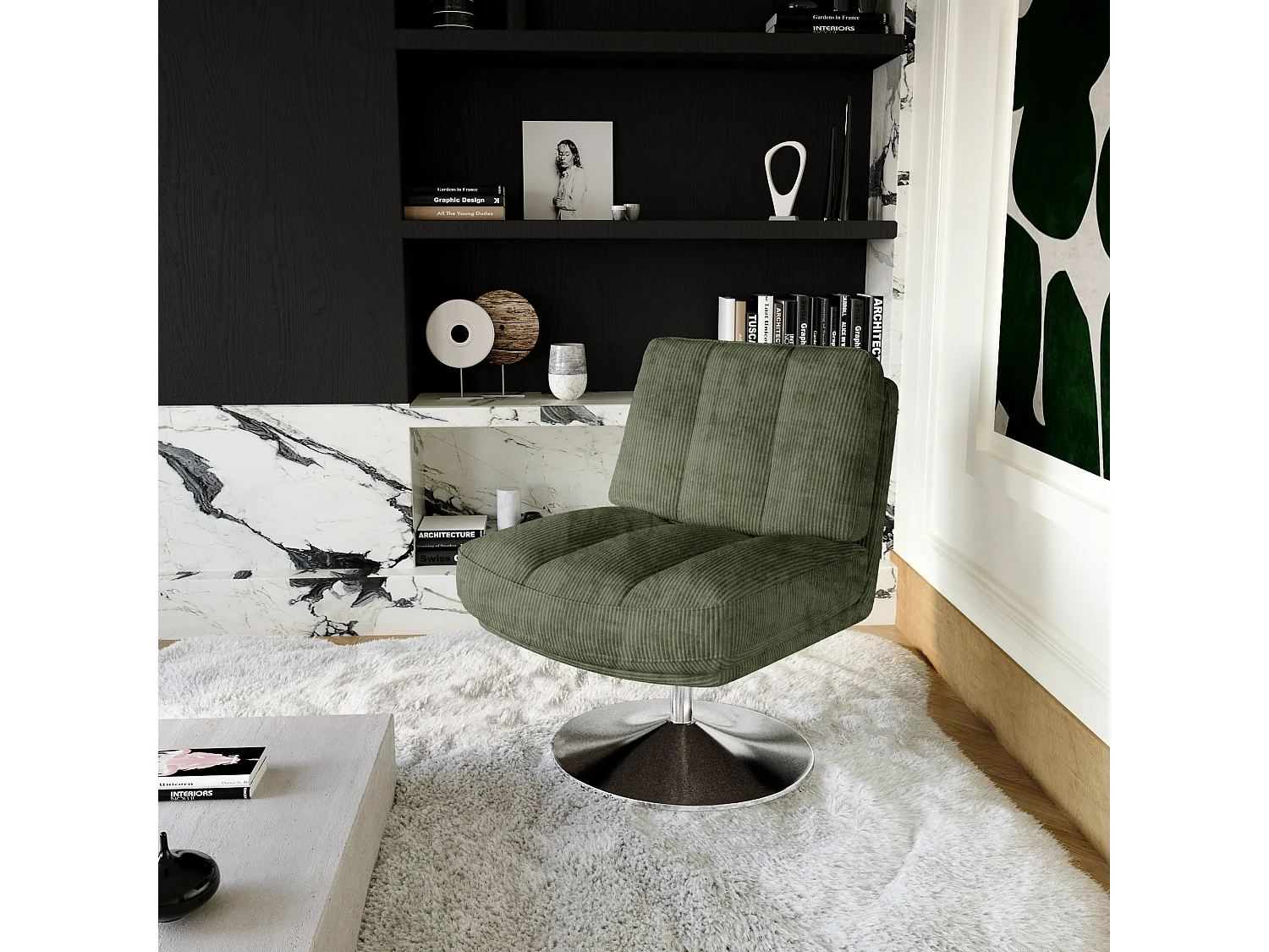 Fauteuil de salon pivotant pied chrome velours côtelé vert rétro TIMELESS