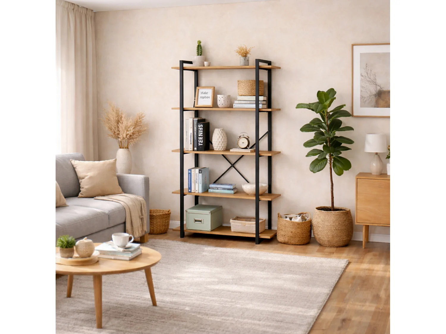 Etagère 5 rangements 150 cm bois et noir TYDO